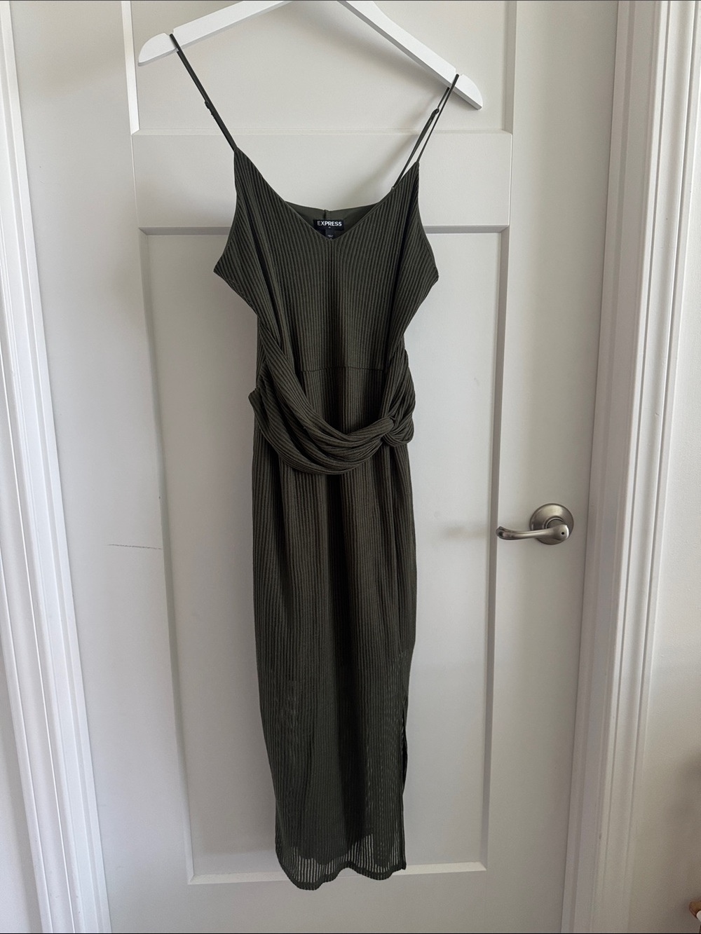 Express Olive Green Ribbed Midi Slip Dress with Draped Twist